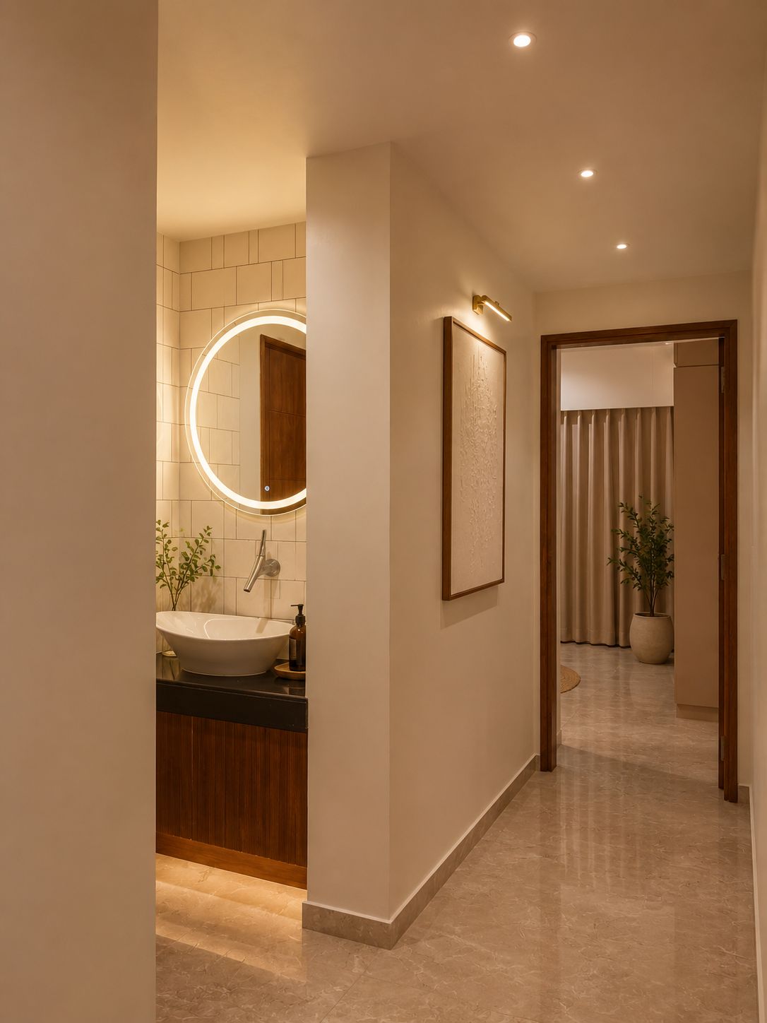 Corridor and powder bath with circular backlit mirror at Begwani's Residence