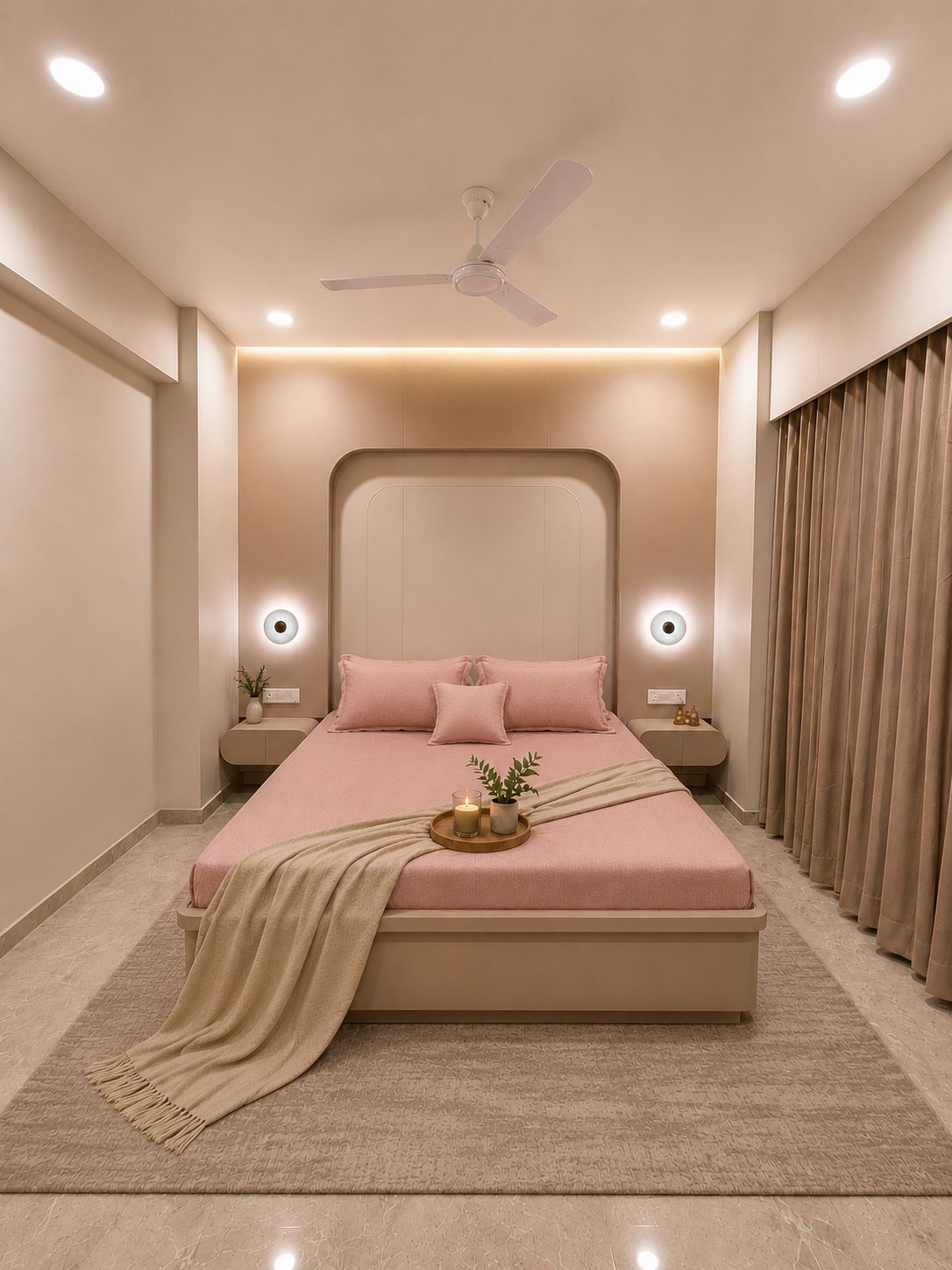 Master bedroom with blush pink bedding and warm timber headboard