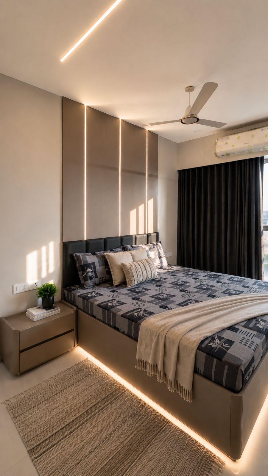 Second bedroom with rust and orange bedding, ceiling fan