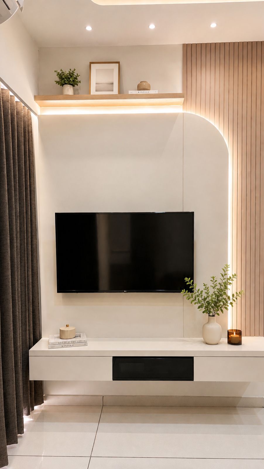 Media wall with slim floating television console