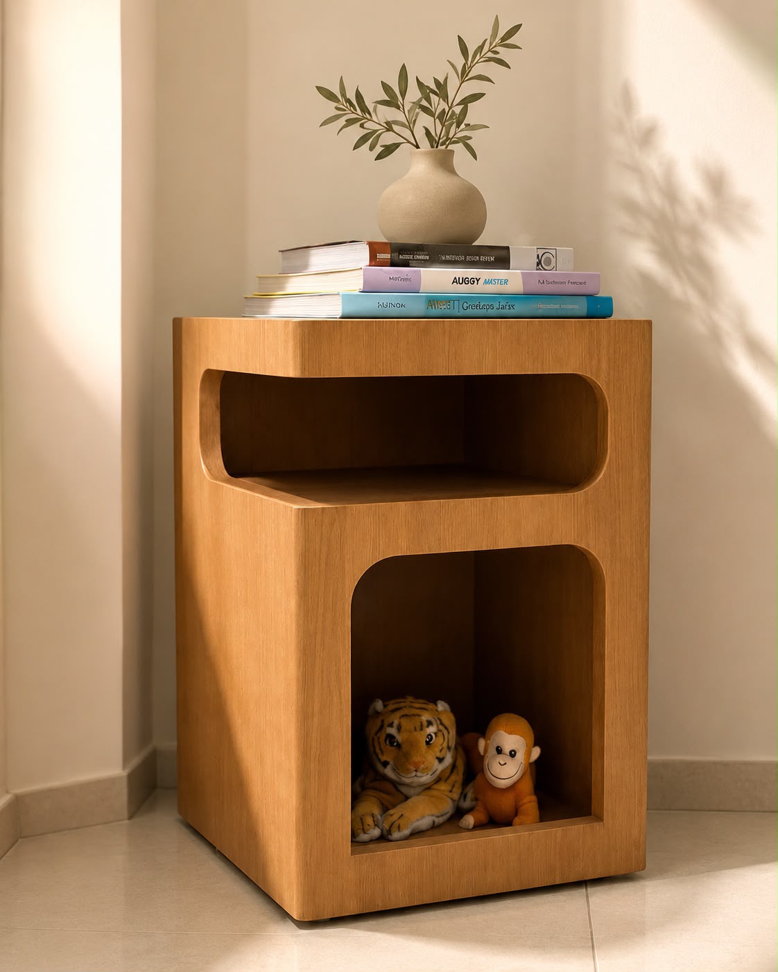 Custom-designed bedside table with sculpted cutout niche