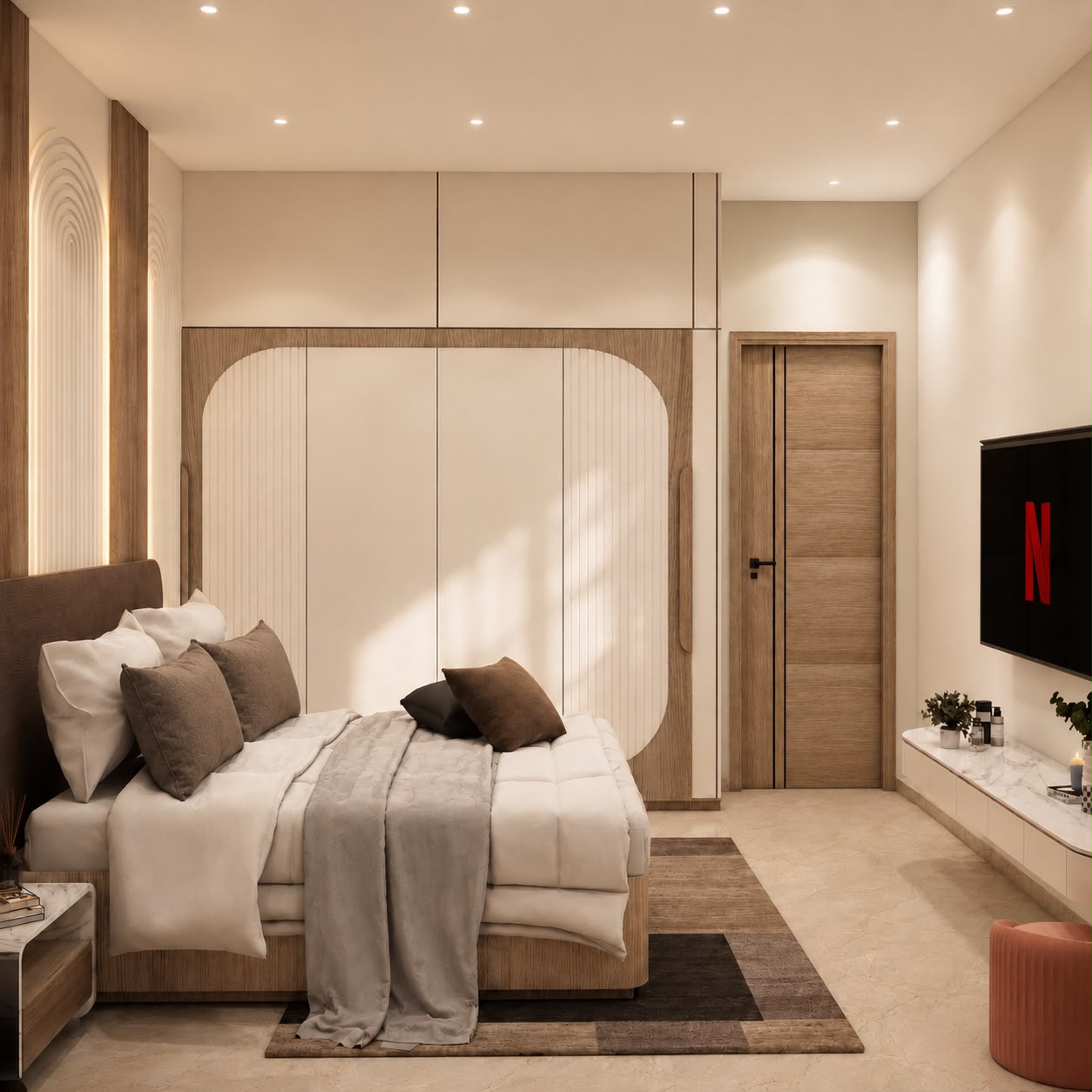 Bedroom with white paneled wall and wall-mounted television