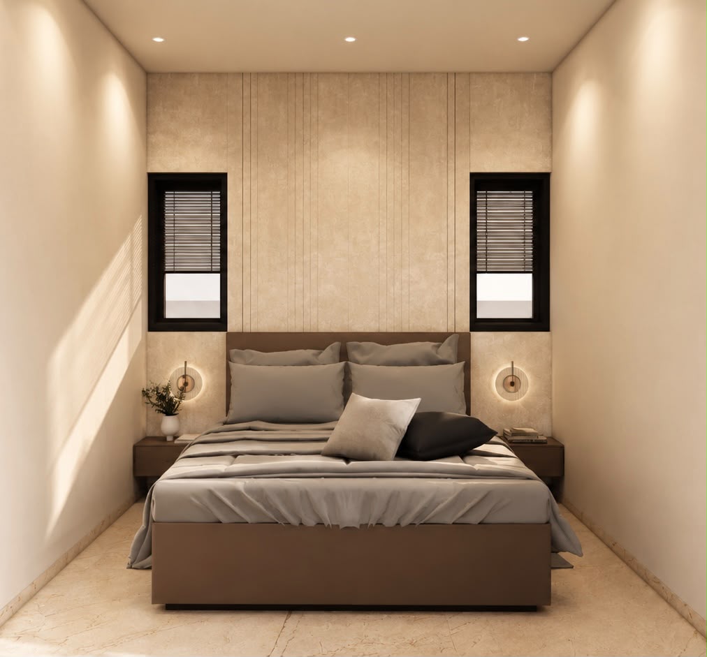 Bedroom with grey headboard and twin windows