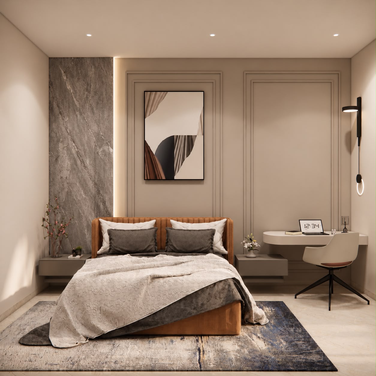 Bedroom with grey headboard and twin windows