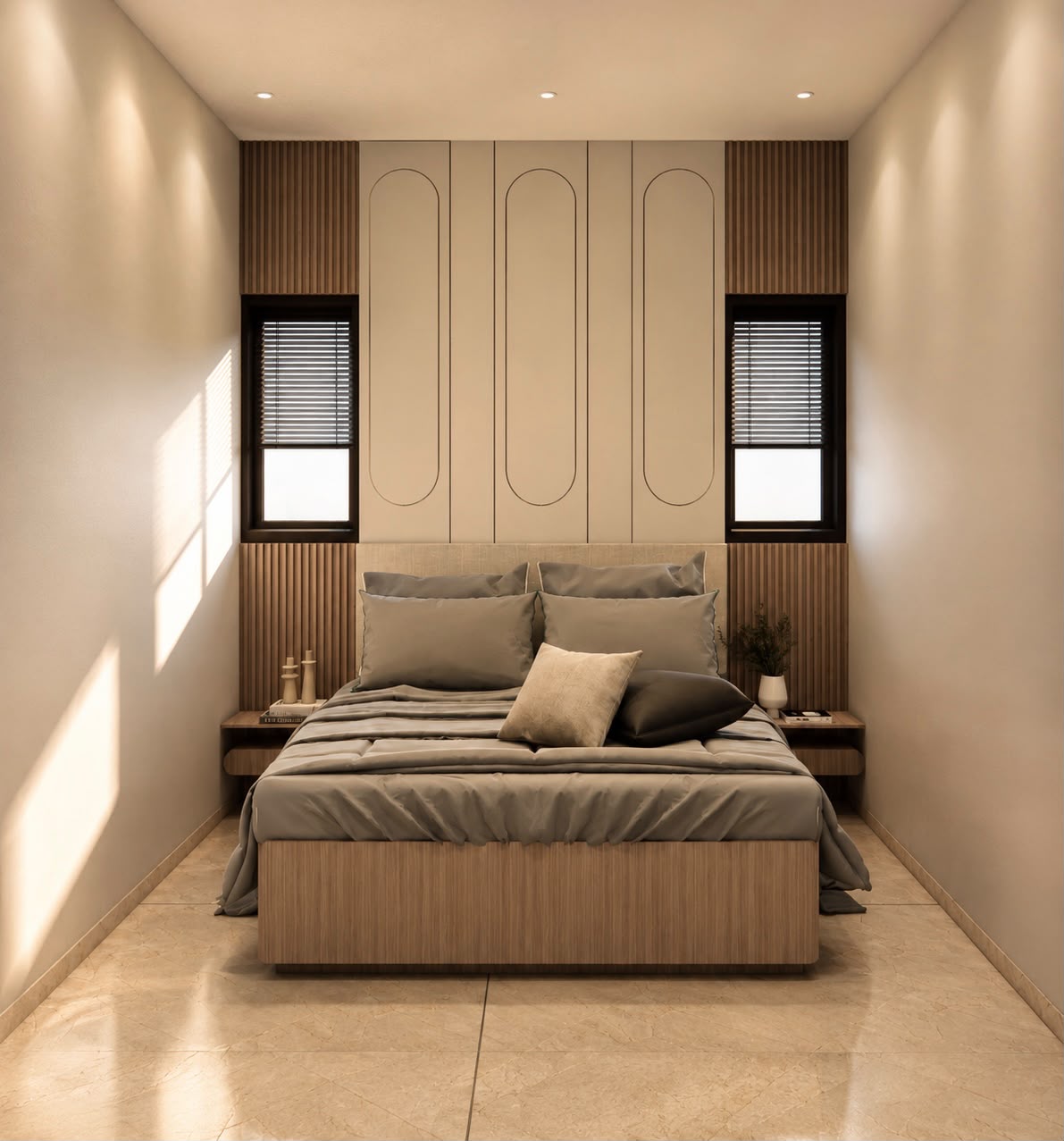 Bedroom with arched bedhead light and warm bedding