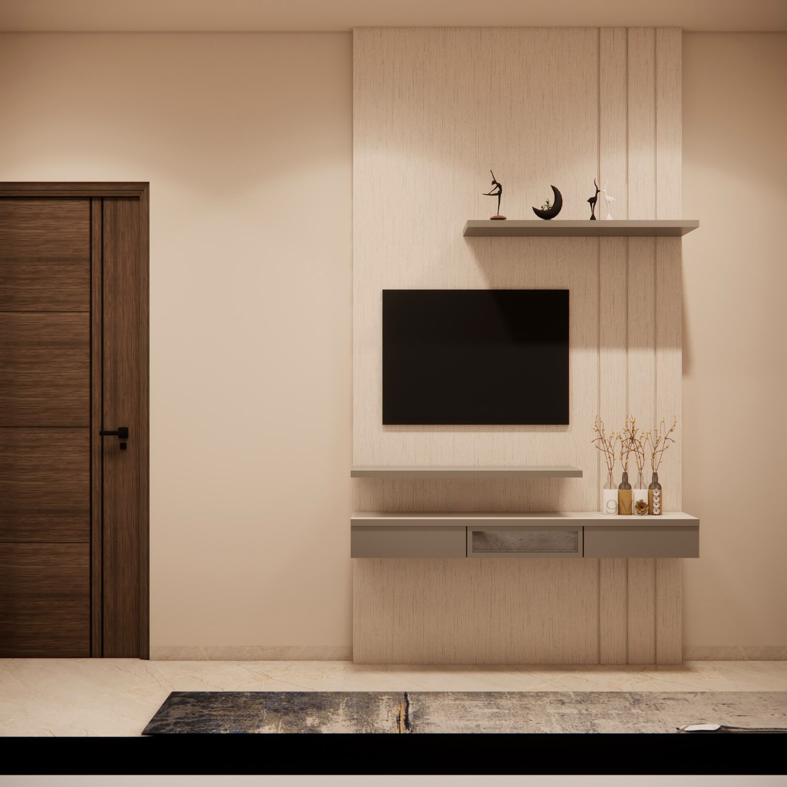 Bedroom with moon-shelf TV niche at Bhati's Villa
