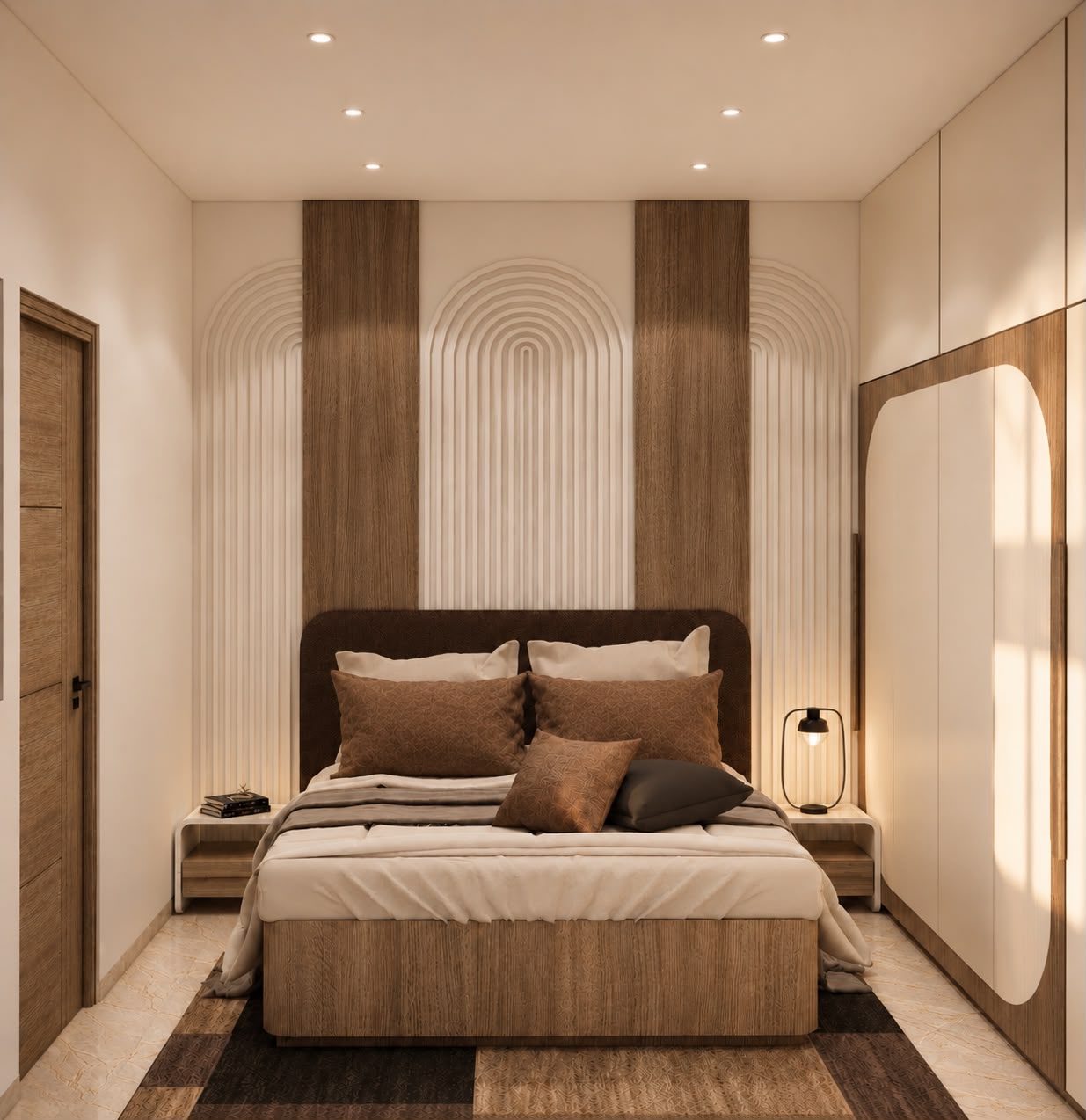 Bedroom with arched bedhead light and warm bedding