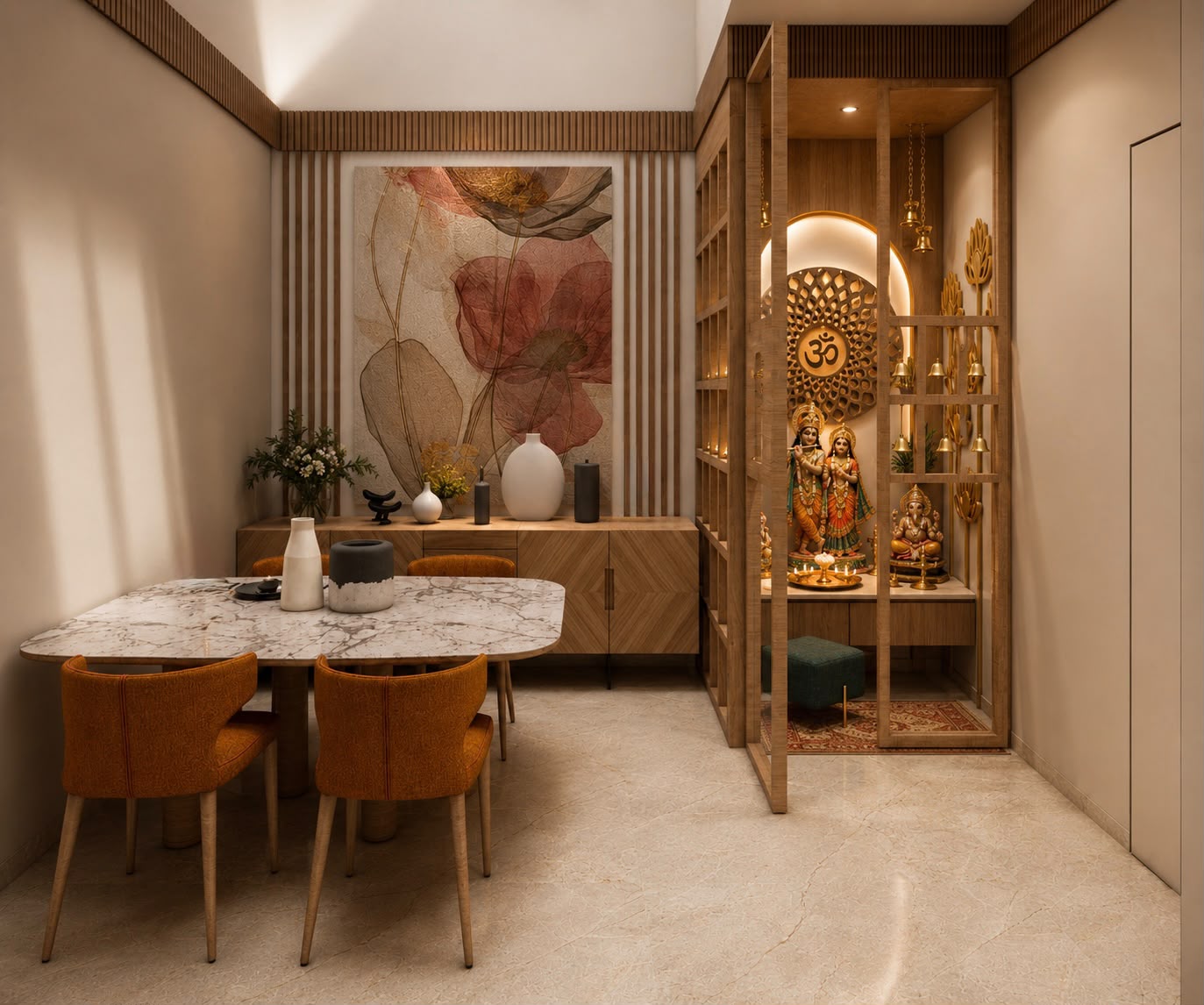 Dining room with round marble table and brass idol console at Bhati's Villa