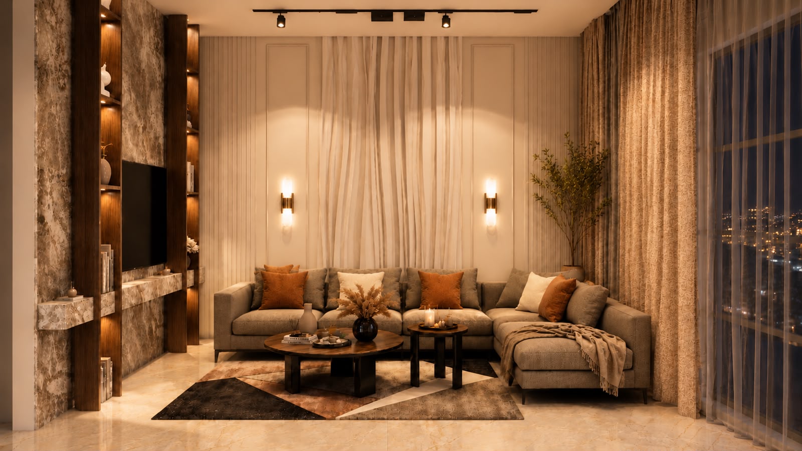 Living room in warm timber tones at Bhati's Villa