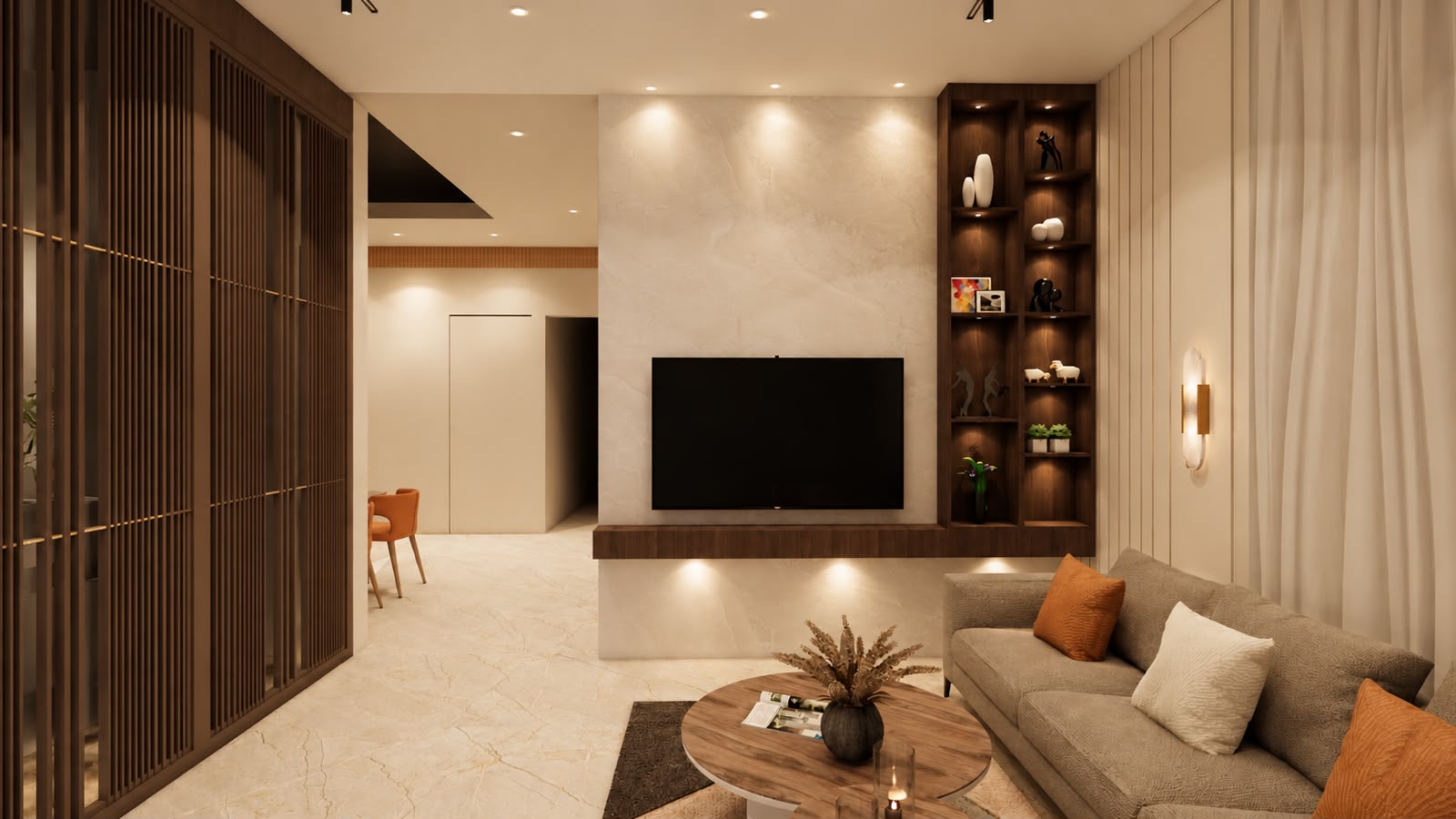 Living room at Bhati's Villa with brass jaali partition